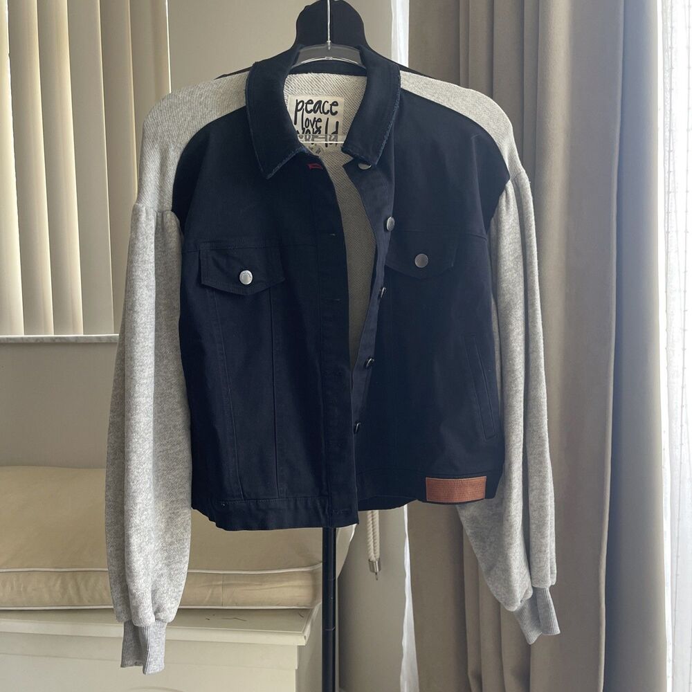 PEACE LOVE WORLD Women's Megan Jacket Denim Knit Balloon Sleeves Neutral  M